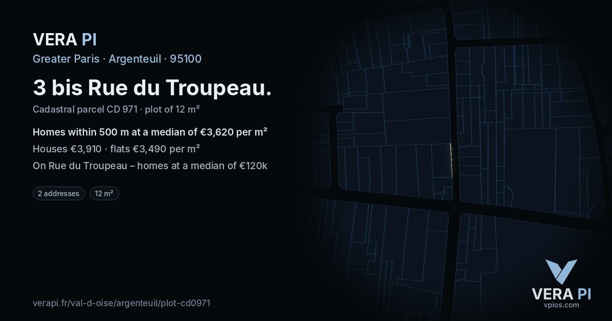 3 bis Rue du Troupeau, Argenteuil at night – the plot lit, the parcels around coloured by the prices near them