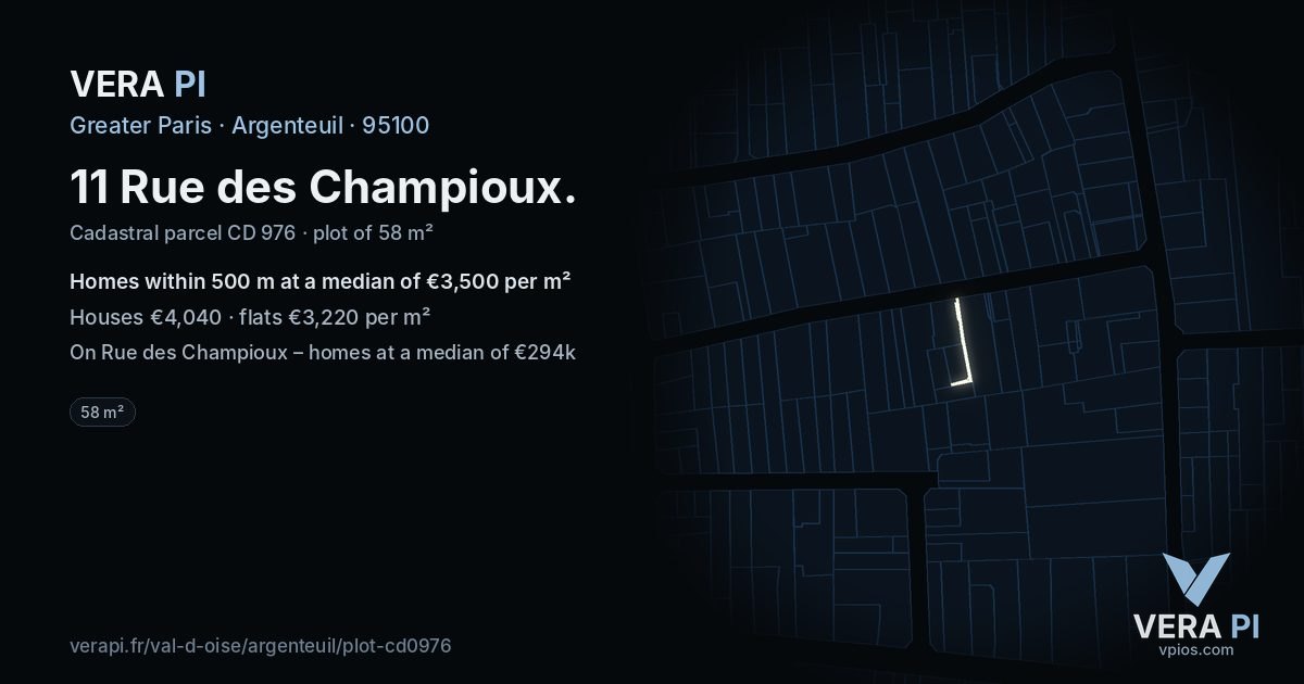 11 Rue des Champioux, Argenteuil at night – the plot lit, the parcels around coloured by the prices near them