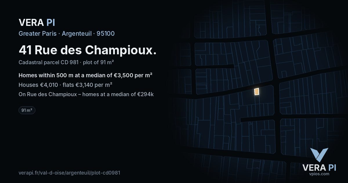 41 Rue des Champioux, Argenteuil at night – the plot lit, the parcels around coloured by the prices near them