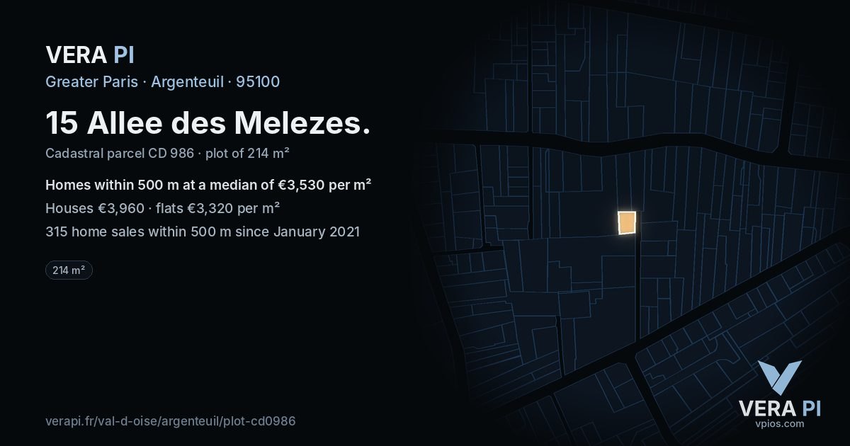15 Allee des Melezes, Argenteuil at night – the plot lit, the parcels around coloured by the prices near them