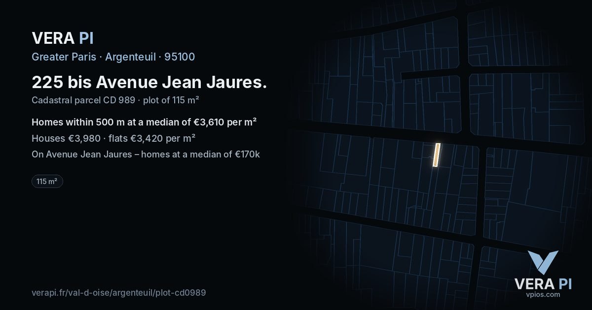 225 bis Avenue Jean Jaures, Argenteuil at night – the plot lit, the parcels around coloured by the prices near them