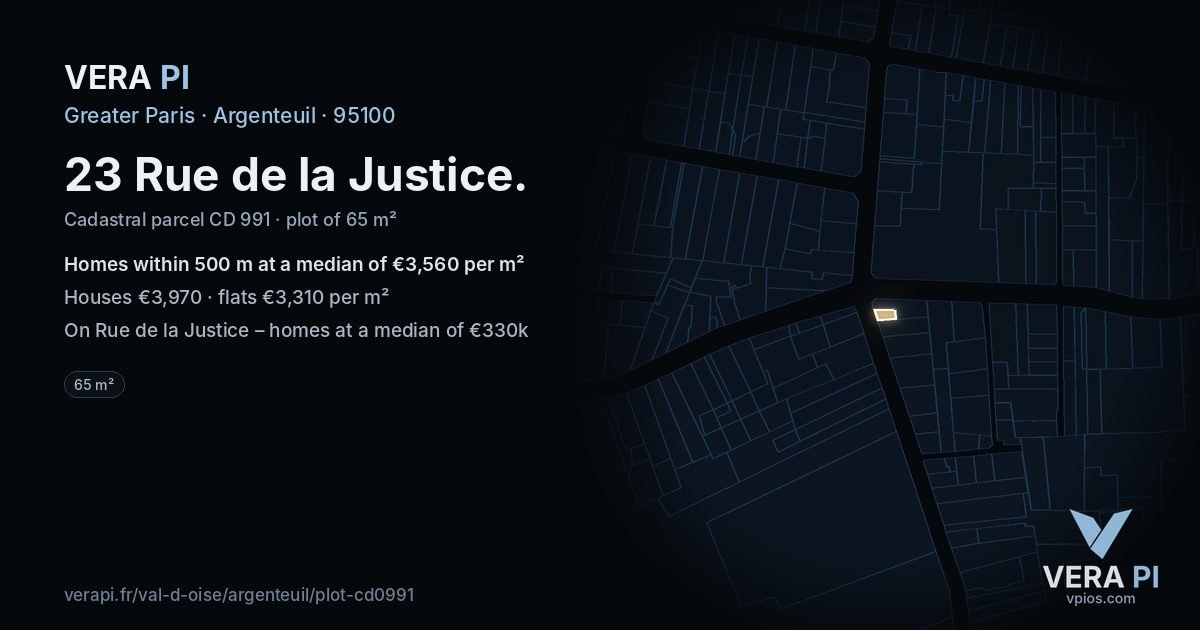 23 Rue de la Justice, Argenteuil at night – the plot lit, the parcels around coloured by the prices near them