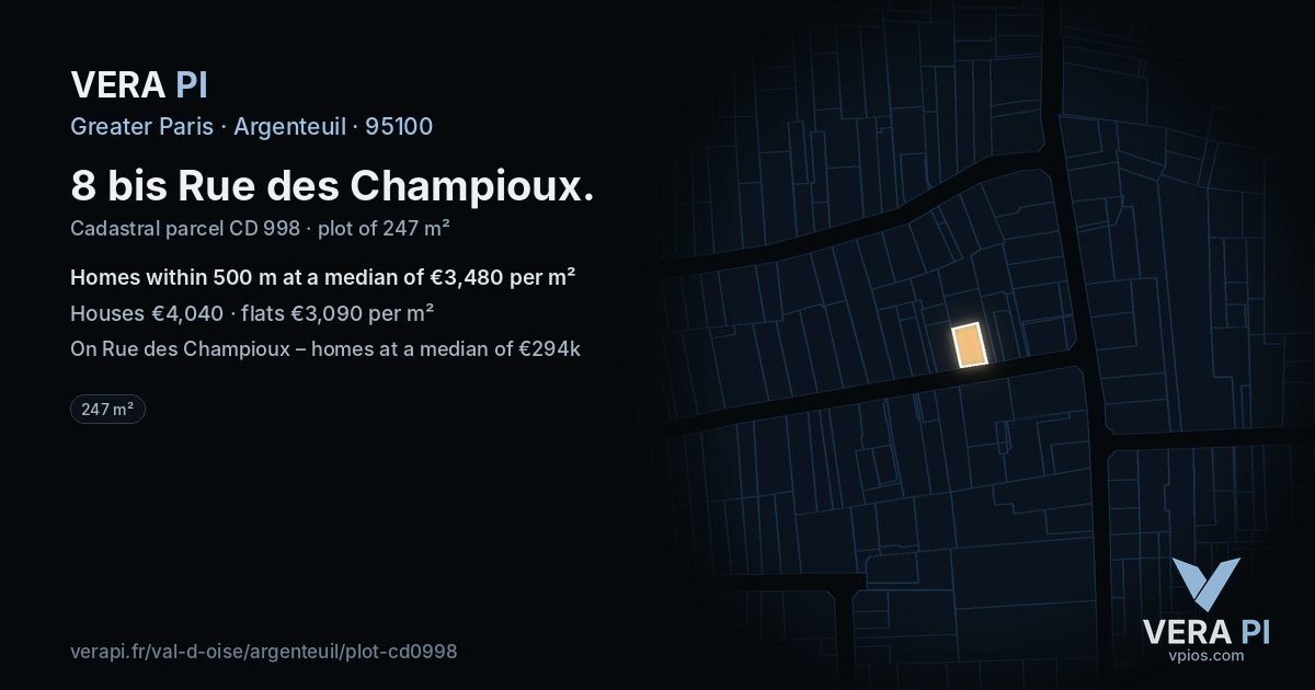 8 bis Rue des Champioux, Argenteuil at night – the plot lit, the parcels around coloured by the prices near them