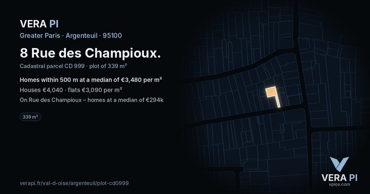 8 Rue des Champioux, Argenteuil at night – the plot lit, the parcels around coloured by the prices near them