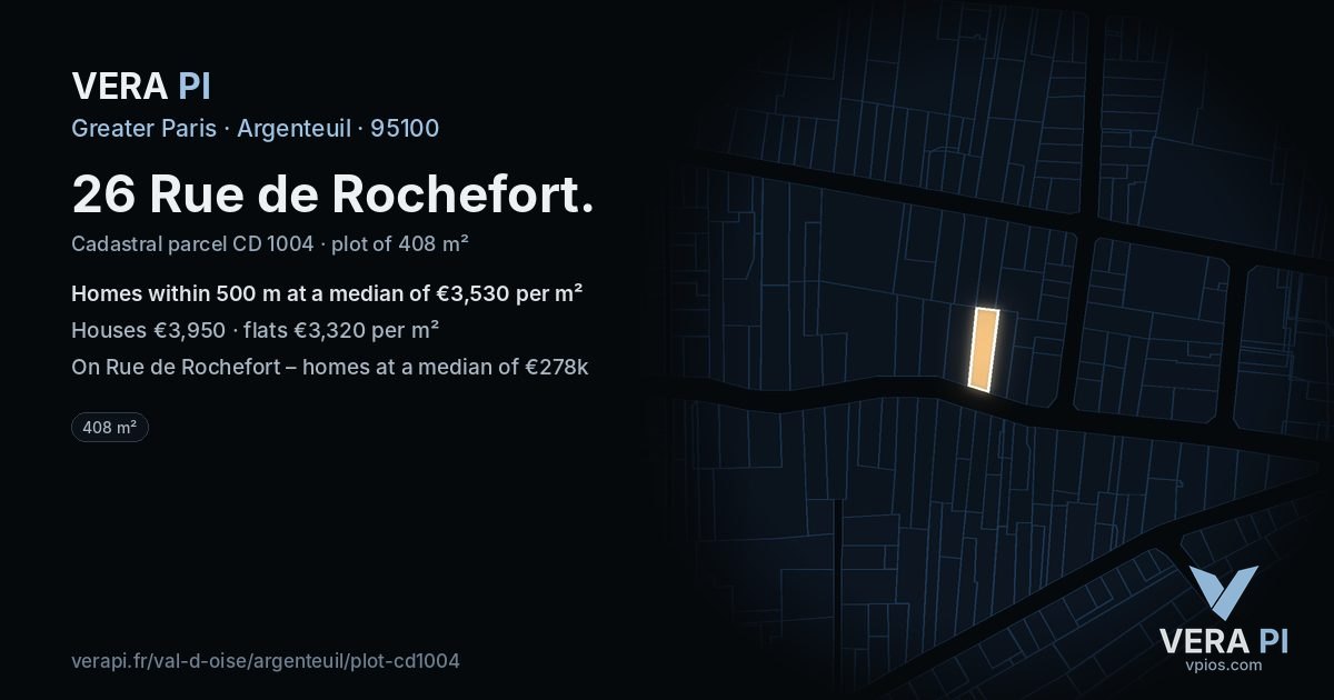 26 Rue de Rochefort, Argenteuil at night – the plot lit, the parcels around coloured by the prices near them
