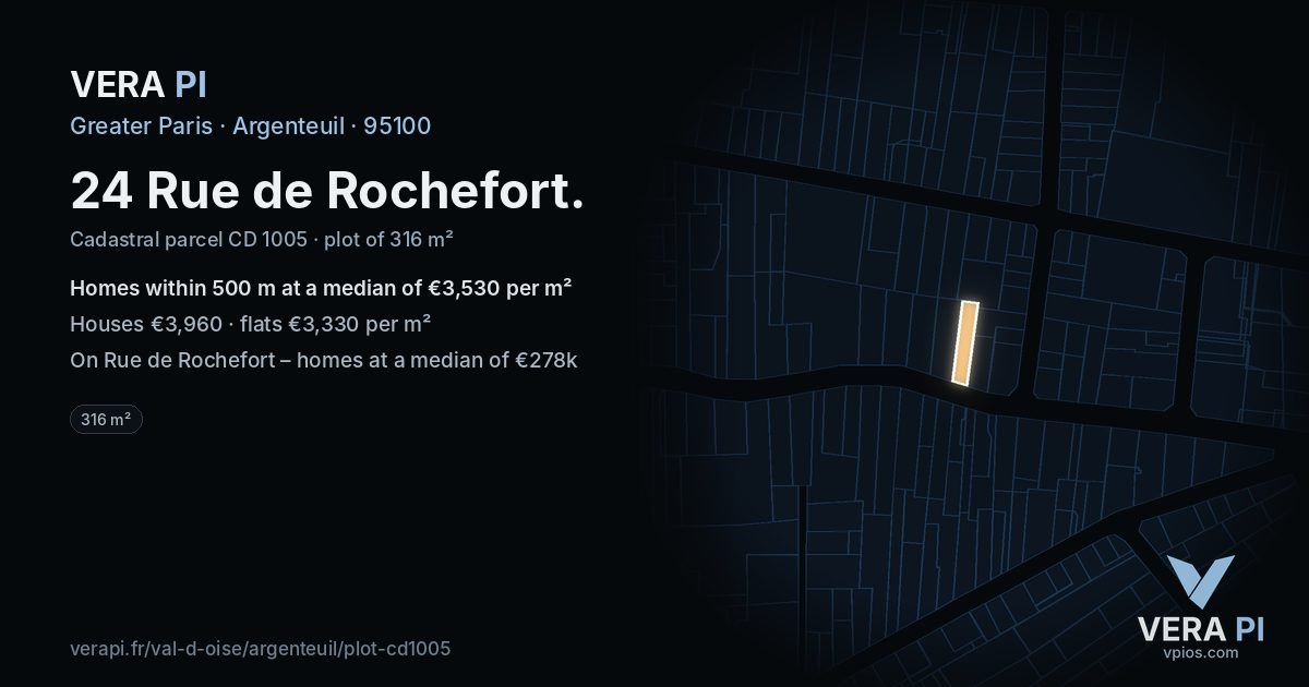 24 Rue de Rochefort, Argenteuil at night – the plot lit, the parcels around coloured by the prices near them