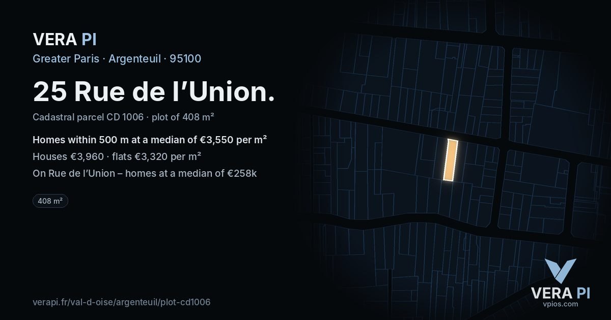 25 Rue de l’Union, Argenteuil at night – the plot lit, the parcels around coloured by the prices near them