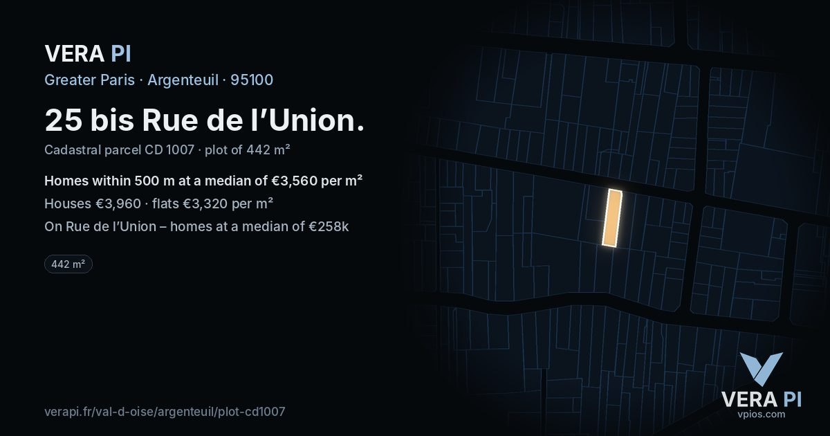 25 bis Rue de l’Union, Argenteuil at night – the plot lit, the parcels around coloured by the prices near them
