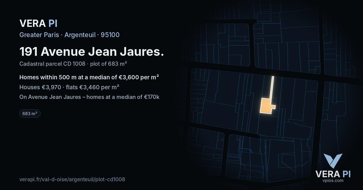 191 Avenue Jean Jaures, Argenteuil at night – the plot lit, the parcels around coloured by the prices near them