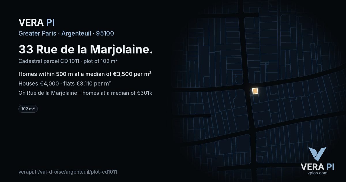 33 Rue de la Marjolaine, Argenteuil at night – the plot lit, the parcels around coloured by the prices near them