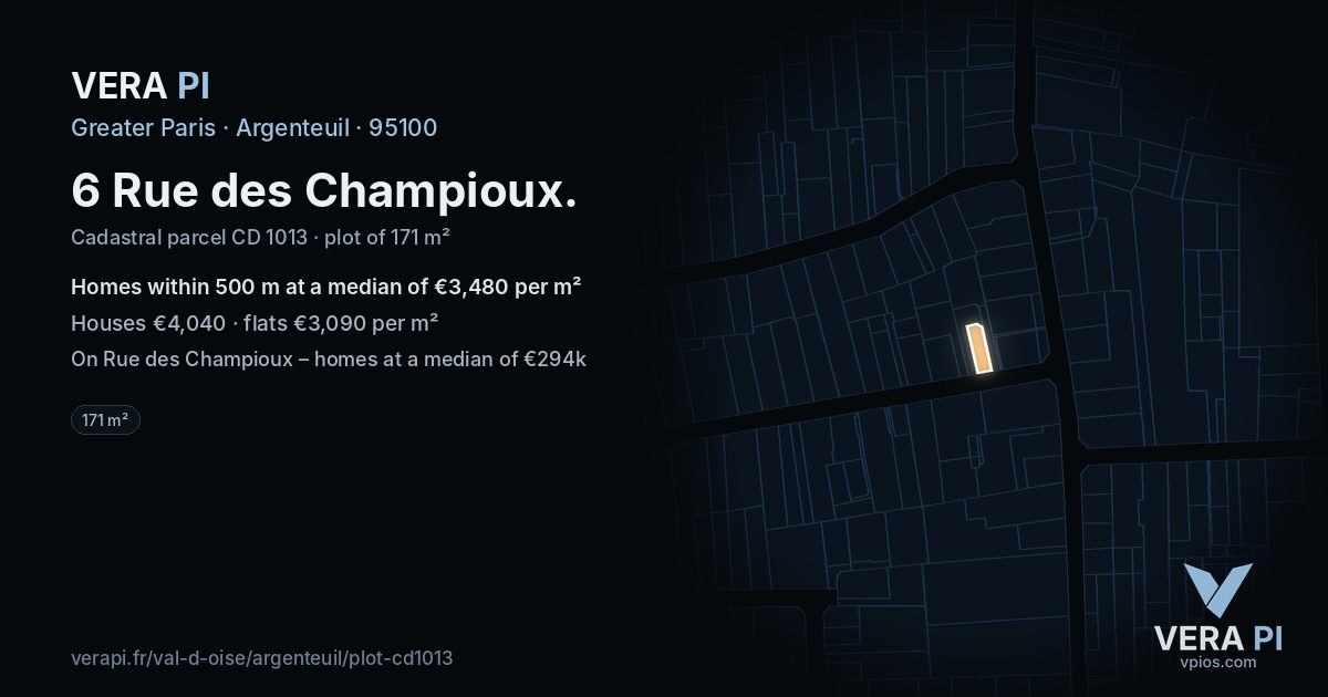 6 Rue des Champioux, Argenteuil at night – the plot lit, the parcels around coloured by the prices near them