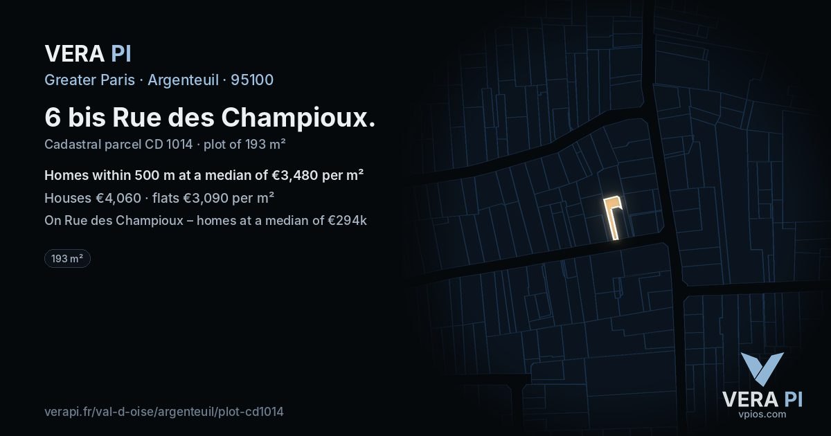 6 bis Rue des Champioux, Argenteuil at night – the plot lit, the parcels around coloured by the prices near them