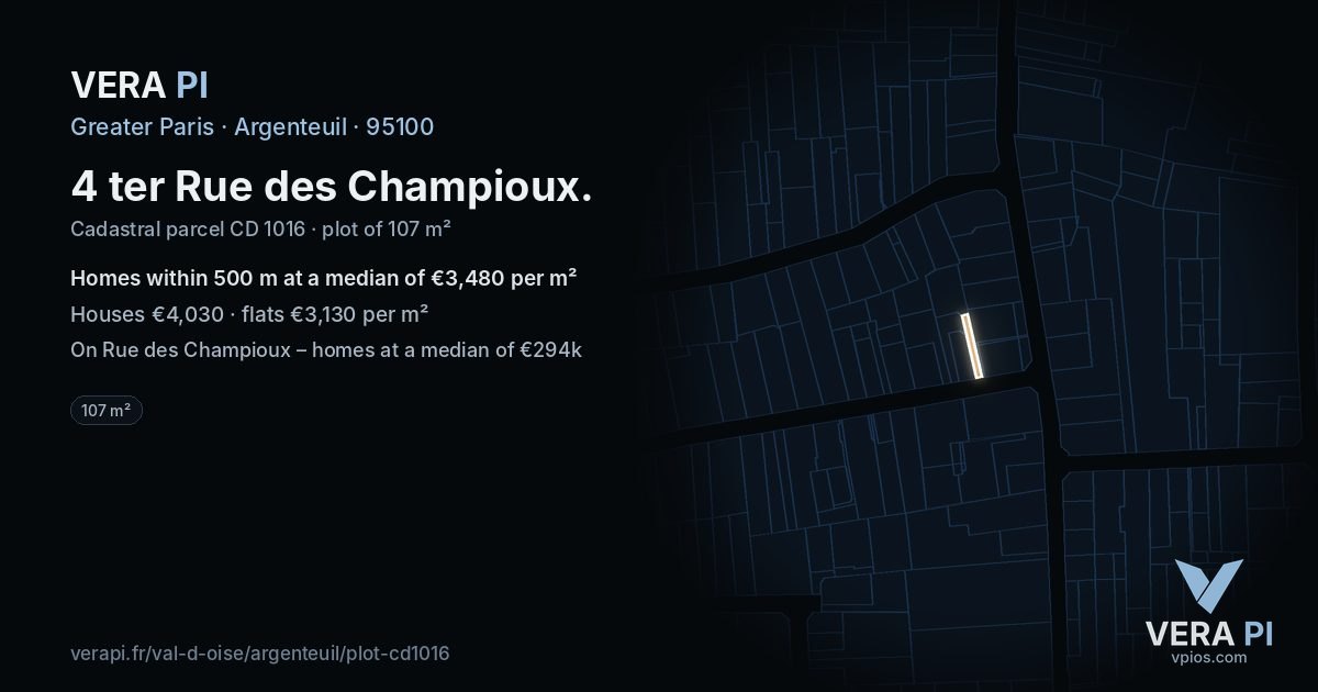 4 ter Rue des Champioux, Argenteuil at night – the plot lit, the parcels around coloured by the prices near them