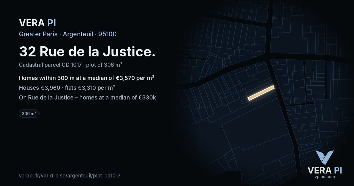 32 Rue de la Justice, Argenteuil at night – the plot lit, the parcels around coloured by the prices near them