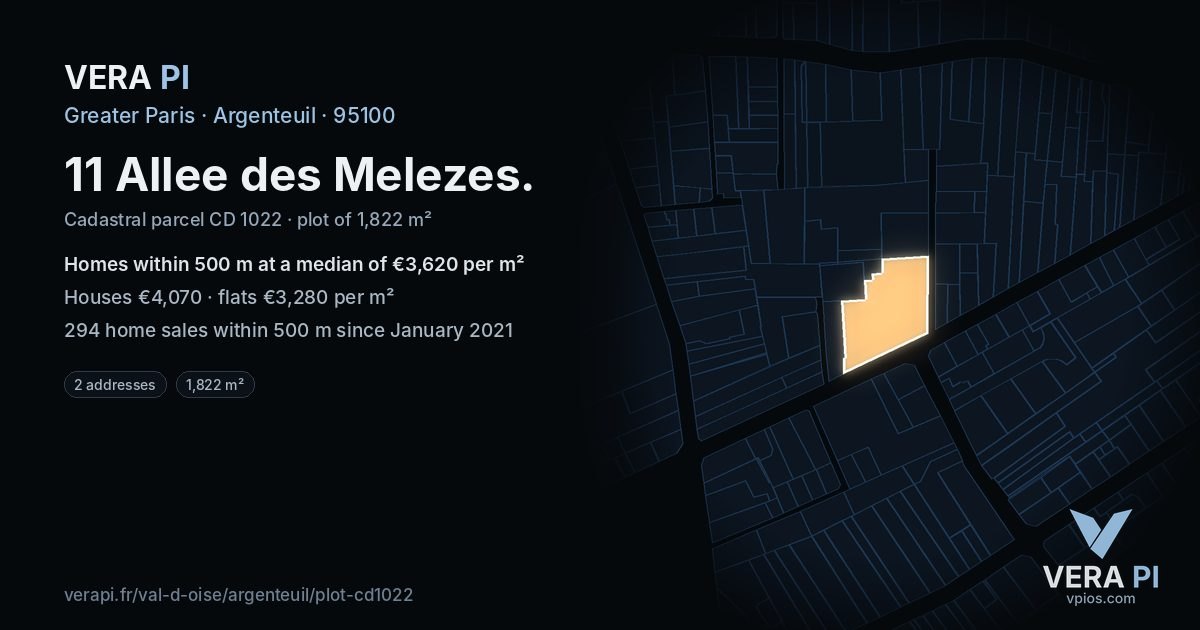 11 Allee des Melezes, Argenteuil at night – the plot lit, the parcels around coloured by the prices near them