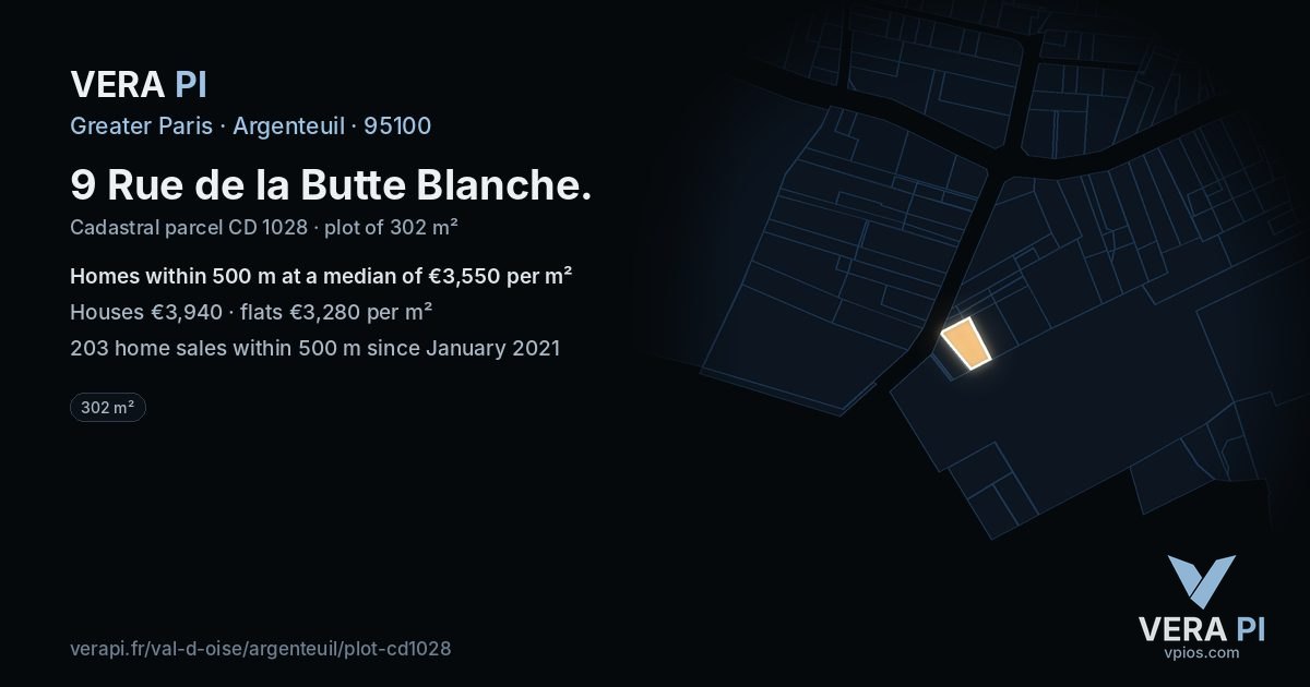 9 Rue de la Butte Blanche, Argenteuil at night – the plot lit, the parcels around coloured by the prices near them