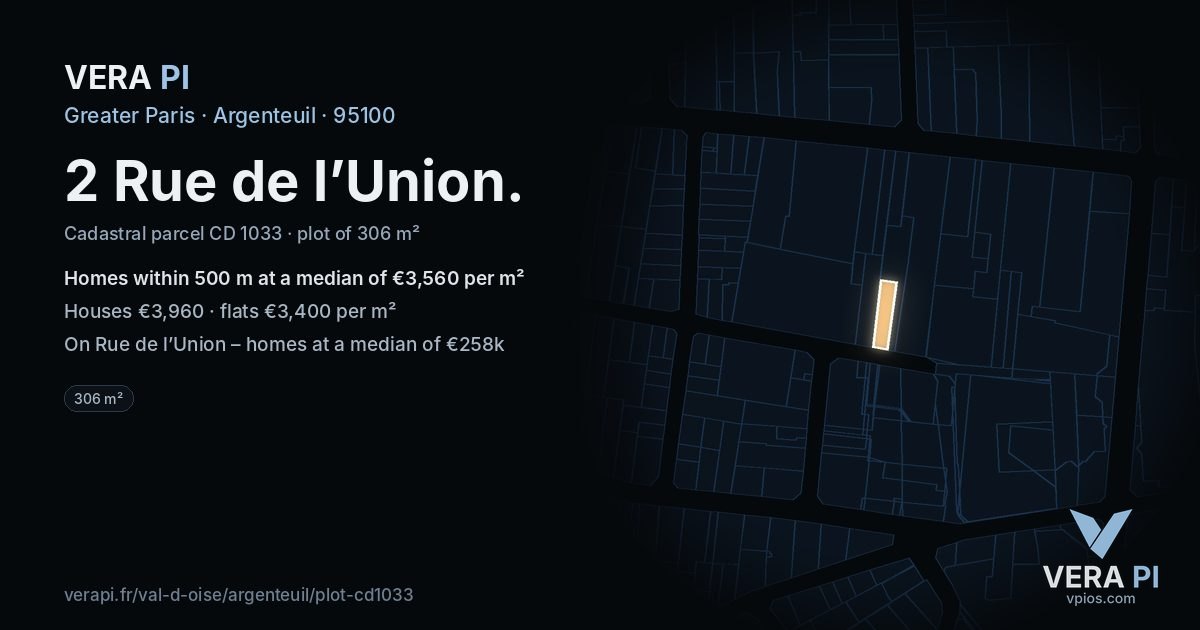 2 Rue de l’Union, Argenteuil at night – the plot lit, the parcels around coloured by the prices near them