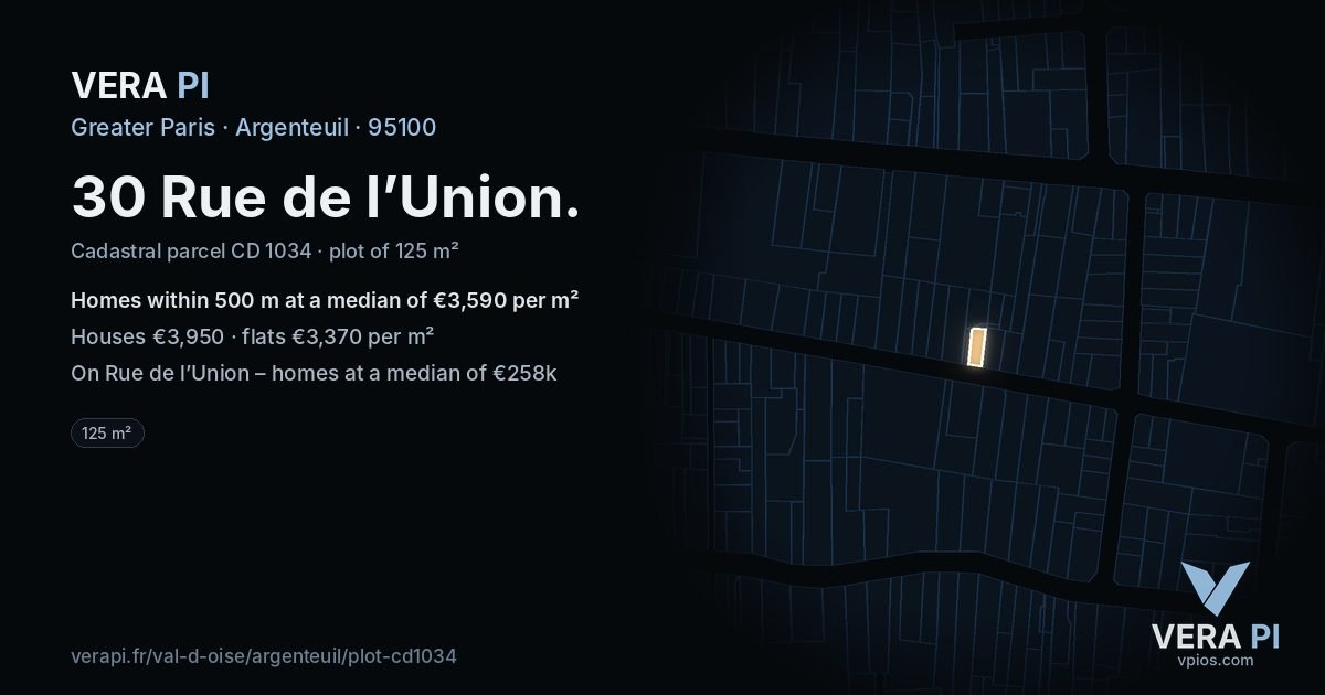 30 Rue de l’Union, Argenteuil at night – the plot lit, the parcels around coloured by the prices near them