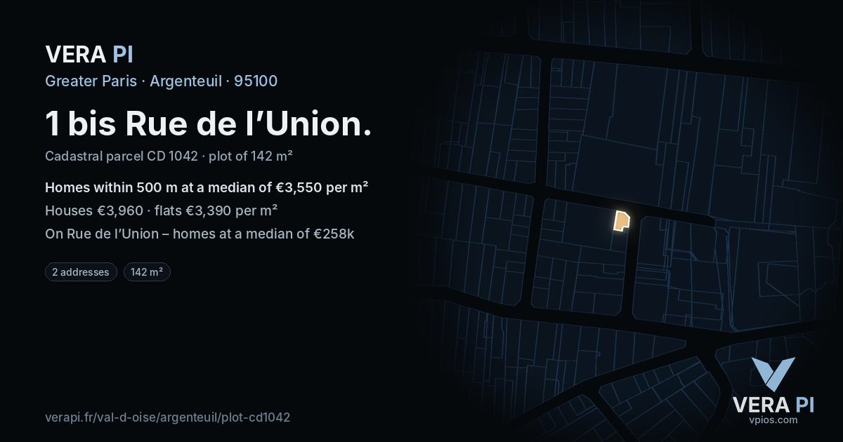1 bis Rue de l’Union, Argenteuil at night – the plot lit, the parcels around coloured by the prices near them