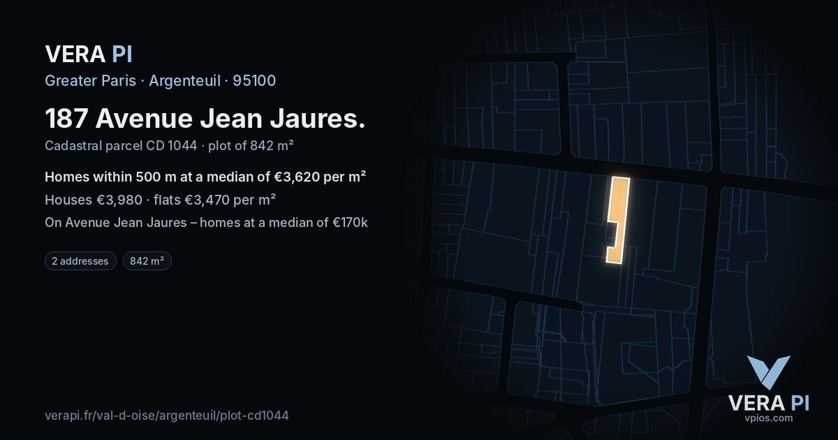 187 Avenue Jean Jaures, Argenteuil at night – the plot lit, the parcels around coloured by the prices near them