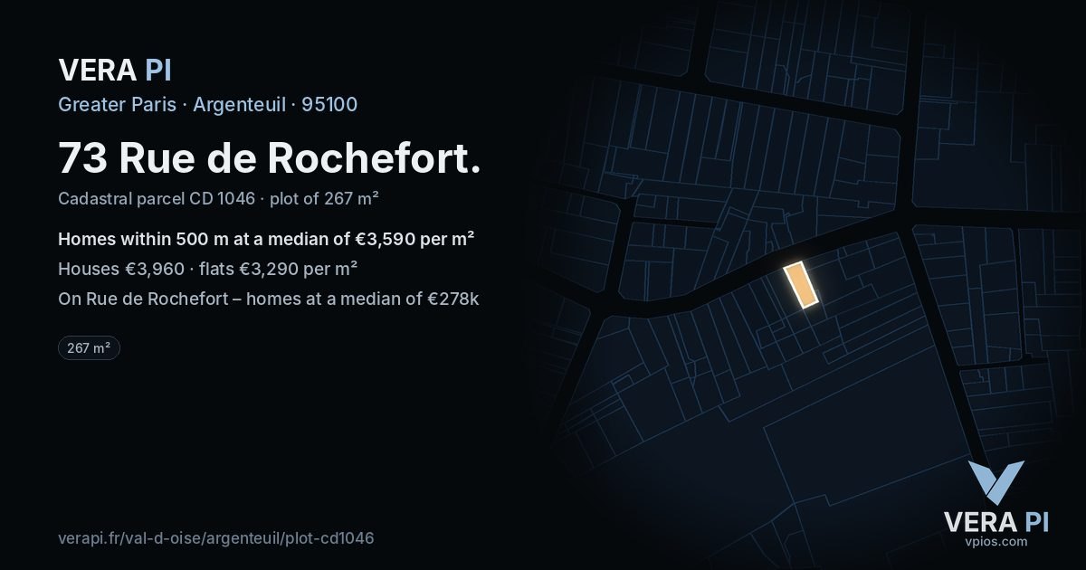 73 Rue de Rochefort, Argenteuil at night – the plot lit, the parcels around coloured by the prices near them