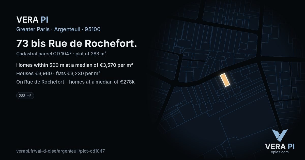 73 bis Rue de Rochefort, Argenteuil at night – the plot lit, the parcels around coloured by the prices near them