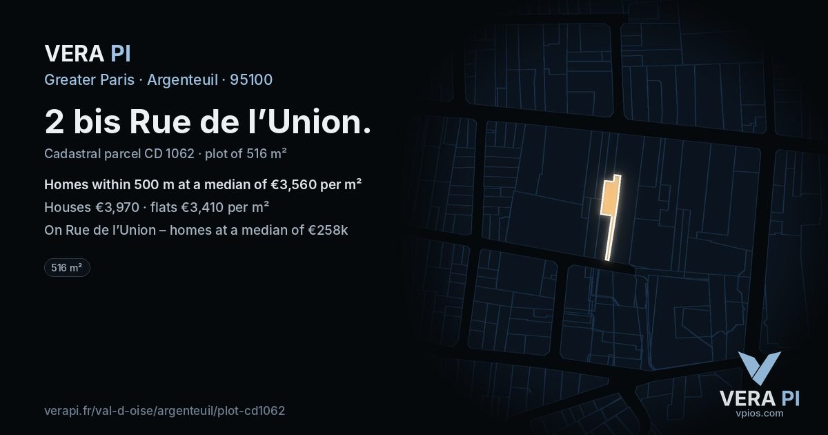 2 bis Rue de l’Union, Argenteuil at night – the plot lit, the parcels around coloured by the prices near them