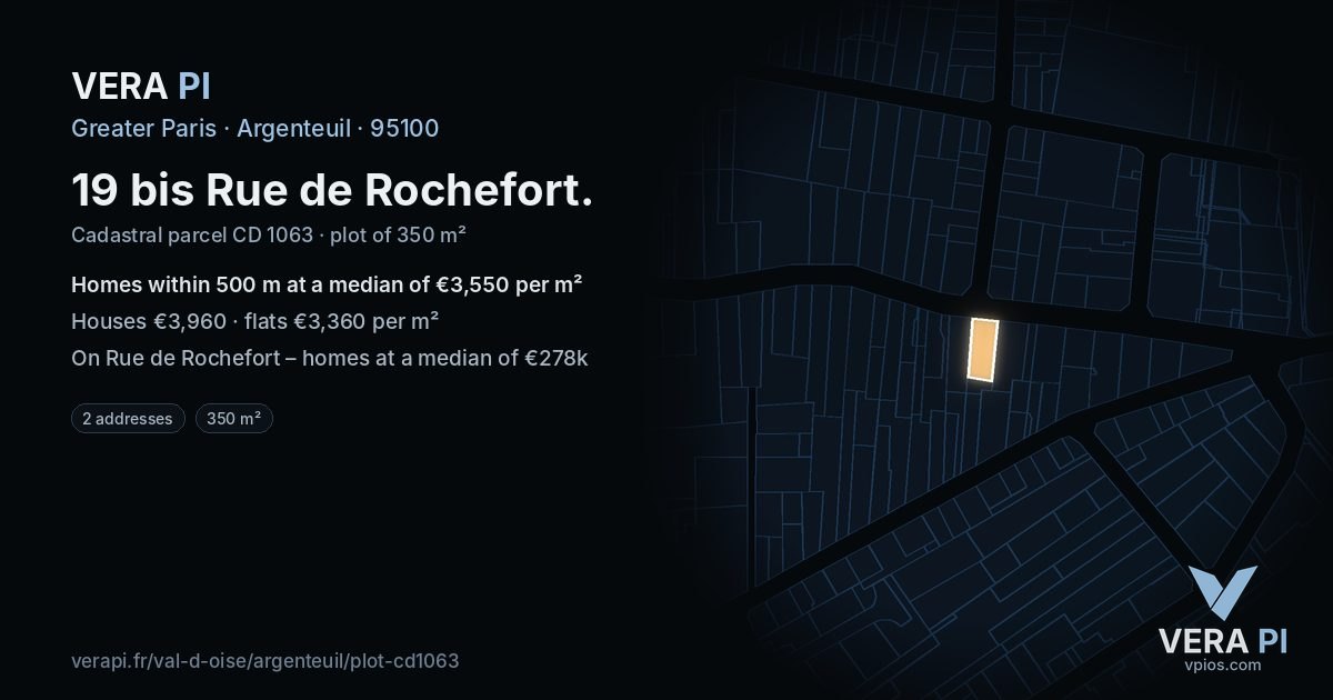 19 bis Rue de Rochefort, Argenteuil at night – the plot lit, the parcels around coloured by the prices near them