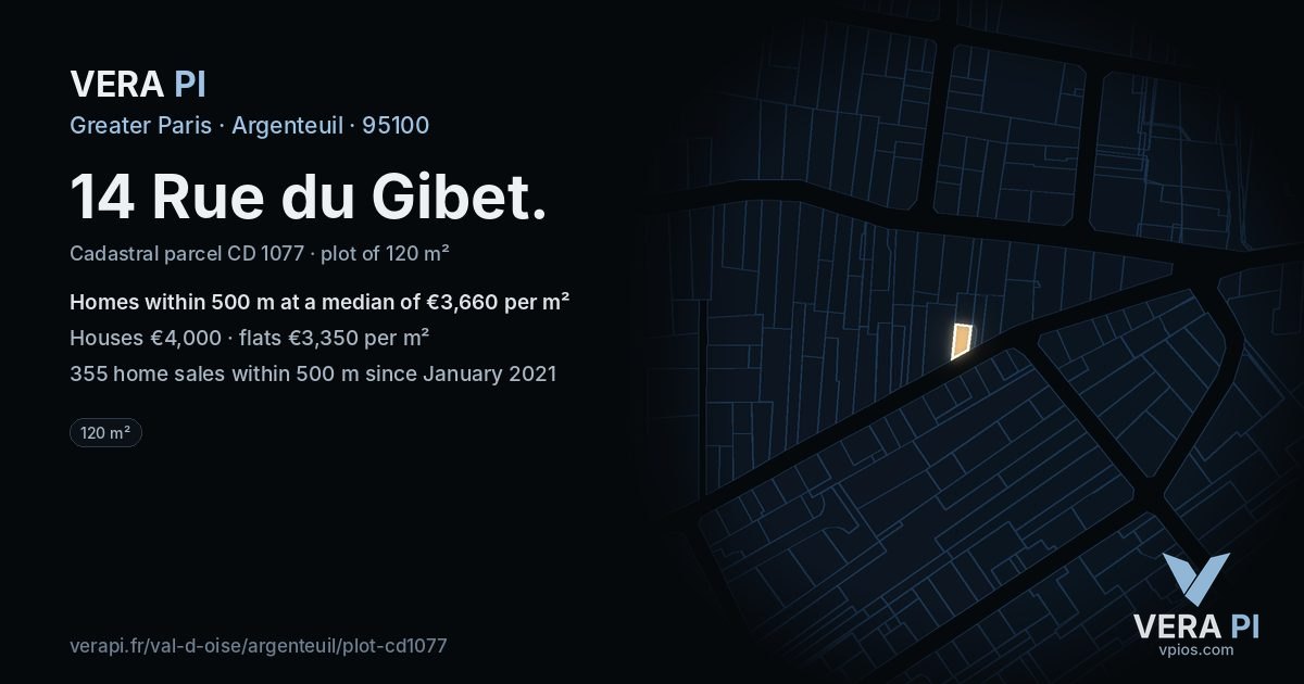 14 Rue du Gibet, Argenteuil at night – the plot lit, the parcels around coloured by the prices near them