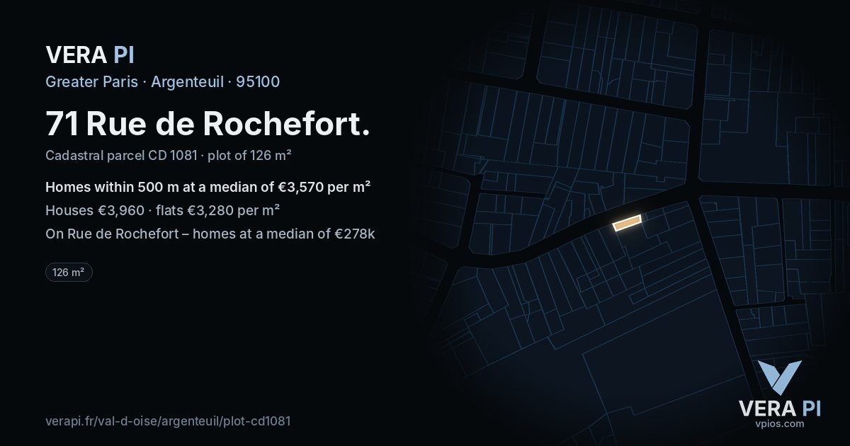 71 Rue de Rochefort, Argenteuil at night – the plot lit, the parcels around coloured by the prices near them