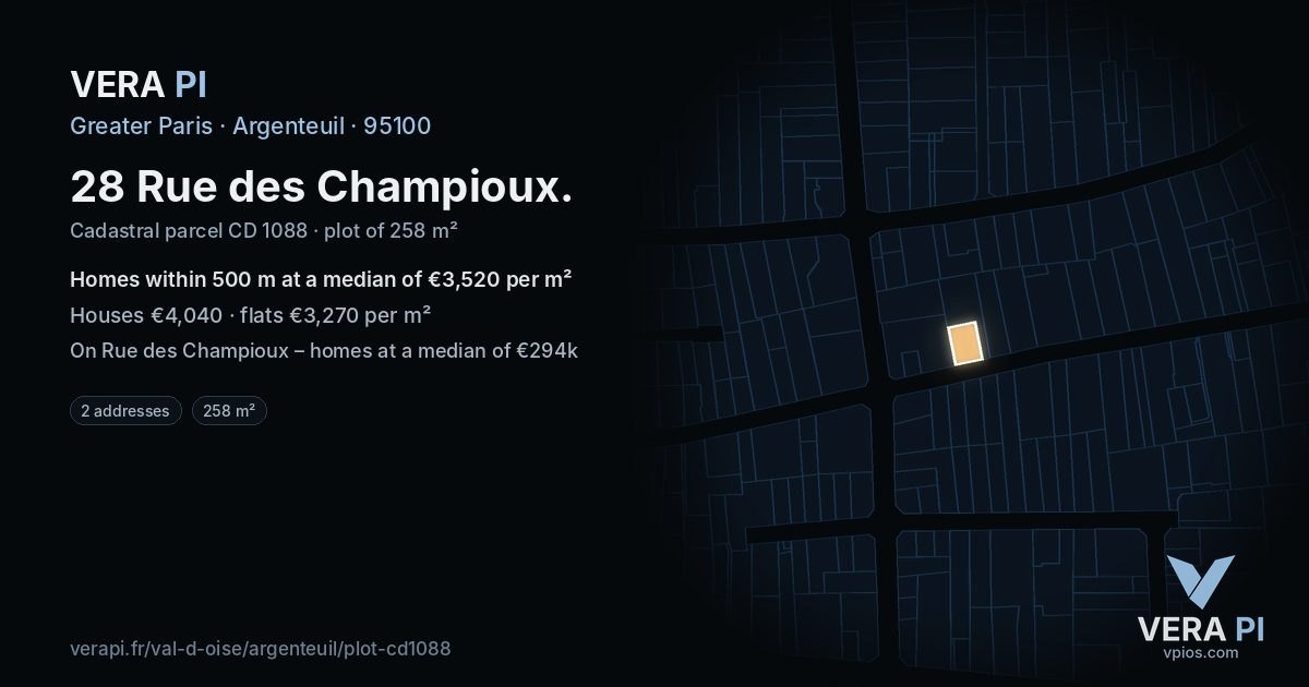 28 Rue des Champioux, Argenteuil at night – the plot lit, the parcels around coloured by the prices near them