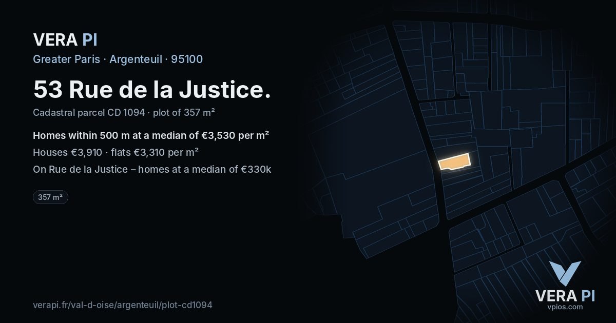 53 Rue de la Justice, Argenteuil at night – the plot lit, the parcels around coloured by the prices near them