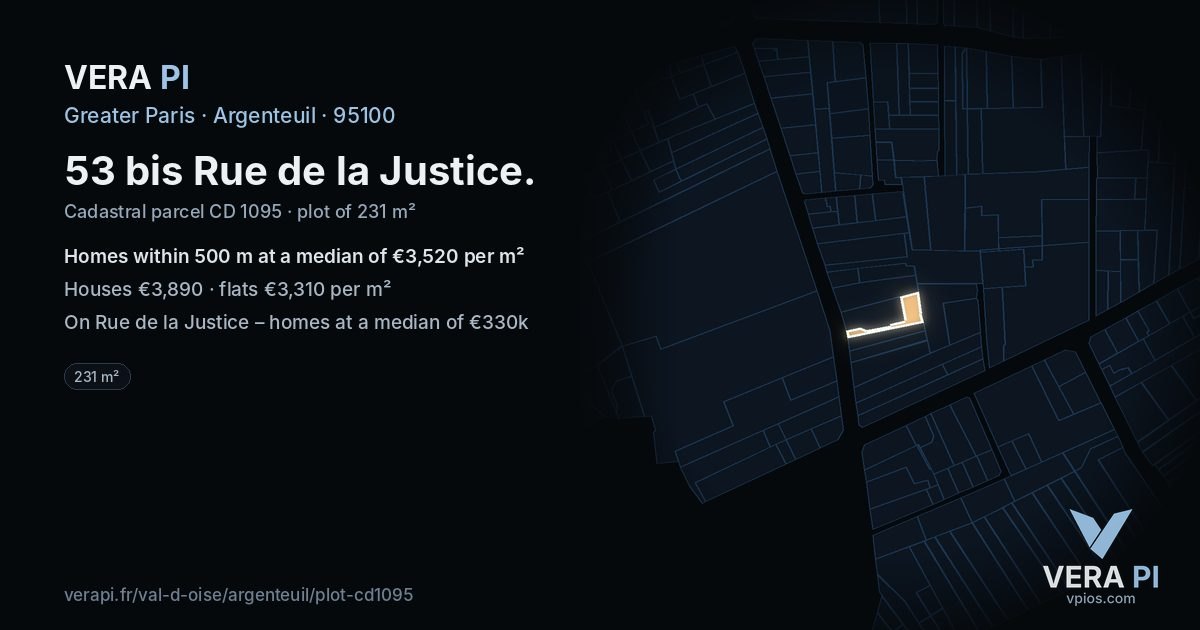 53 bis Rue de la Justice, Argenteuil at night – the plot lit, the parcels around coloured by the prices near them