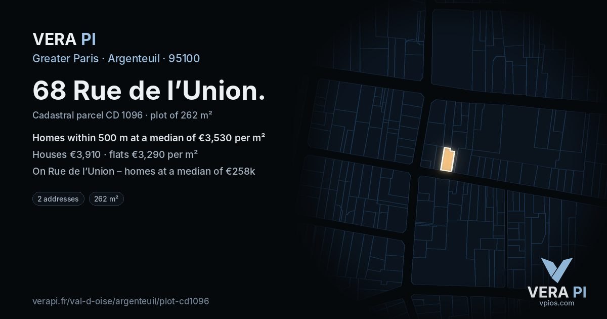 68 Rue de l’Union, Argenteuil at night – the plot lit, the parcels around coloured by the prices near them
