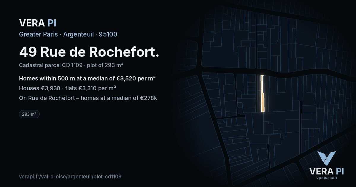 49 Rue de Rochefort, Argenteuil at night – the plot lit, the parcels around coloured by the prices near them