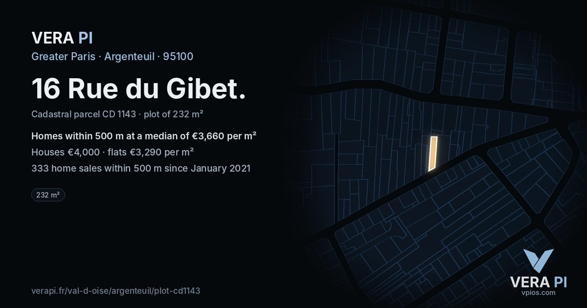 16 Rue du Gibet, Argenteuil at night – the plot lit, the parcels around coloured by the prices near them