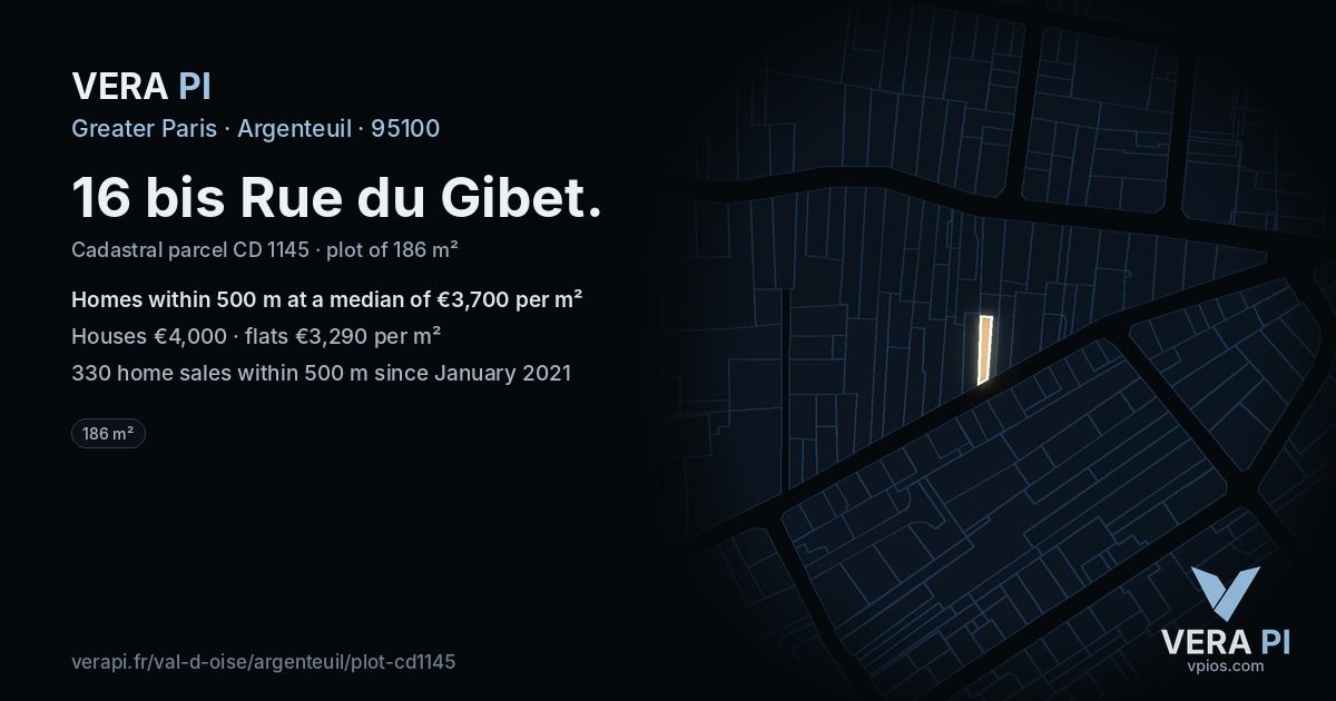 16 bis Rue du Gibet, Argenteuil at night – the plot lit, the parcels around coloured by the prices near them