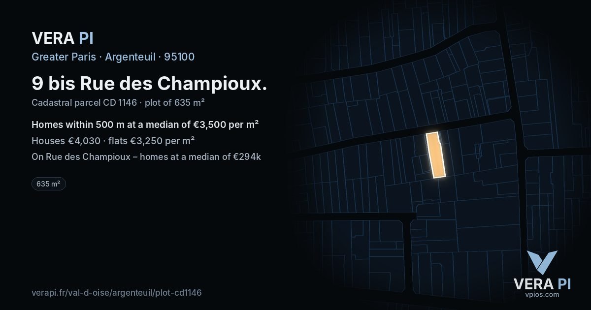 9 bis Rue des Champioux, Argenteuil at night – the plot lit, the parcels around coloured by the prices near them