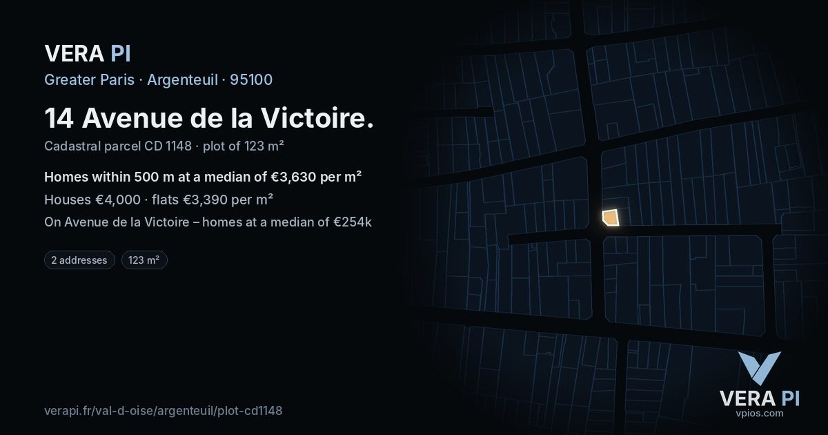 14 Avenue de la Victoire, Argenteuil at night – the plot lit, the parcels around coloured by the prices near them