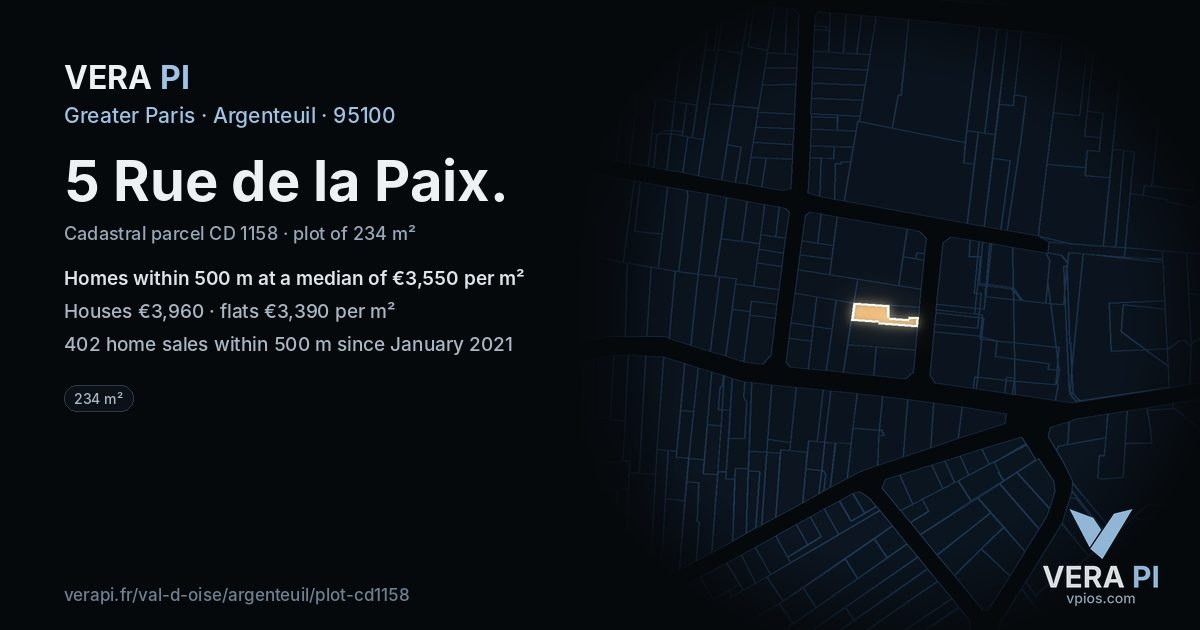 5 Rue de la Paix, Argenteuil at night – the plot lit, the parcels around coloured by the prices near them
