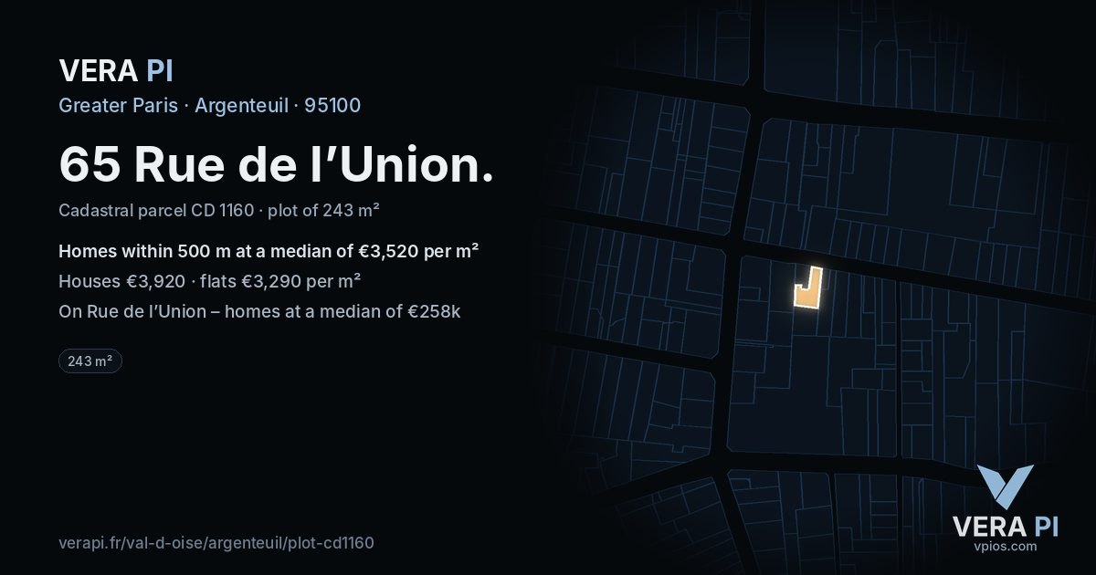 65 Rue de l’Union, Argenteuil at night – the plot lit, the parcels around coloured by the prices near them