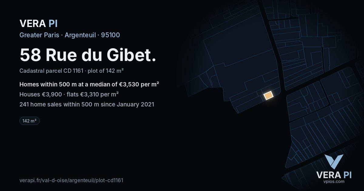 58 Rue du Gibet, Argenteuil at night – the plot lit, the parcels around coloured by the prices near them