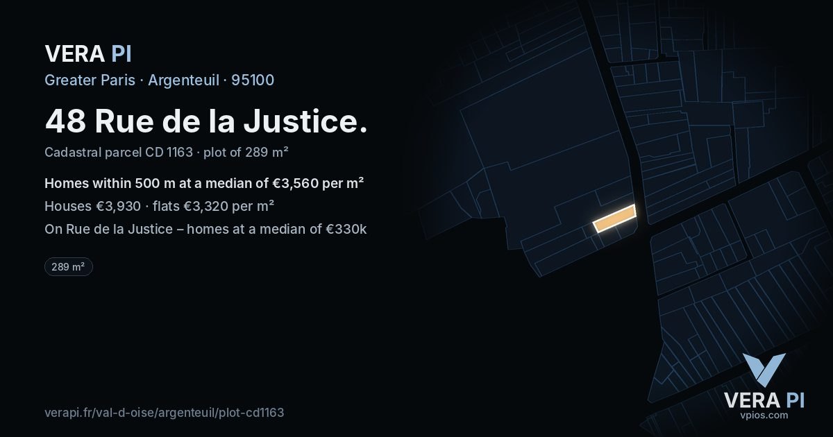 48 Rue de la Justice, Argenteuil at night – the plot lit, the parcels around coloured by the prices near them