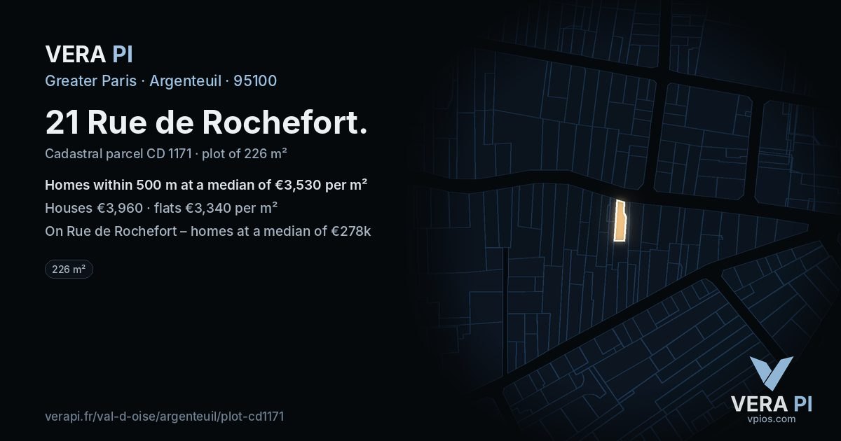 21 Rue de Rochefort, Argenteuil at night – the plot lit, the parcels around coloured by the prices near them