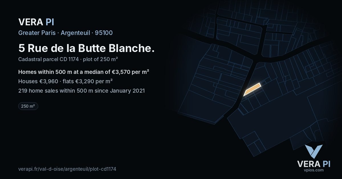5 Rue de la Butte Blanche, Argenteuil at night – the plot lit, the parcels around coloured by the prices near them
