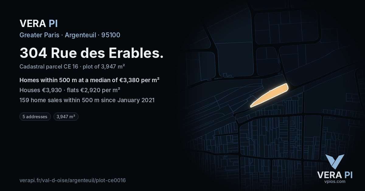 304 Rue des Erables, Argenteuil at night – the plot lit, the parcels around coloured by the prices near them