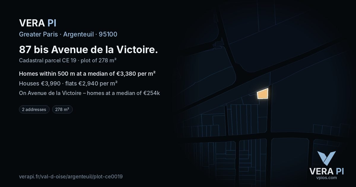 87 bis Avenue de la Victoire, Argenteuil at night – the plot lit, the parcels around coloured by the prices near them