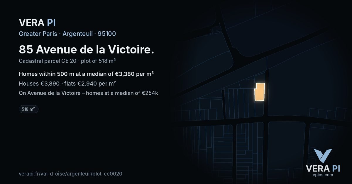 85 Avenue de la Victoire, Argenteuil at night – the plot lit, the parcels around coloured by the prices near them