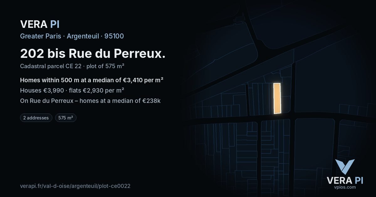 202 bis Rue du Perreux, Argenteuil at night – the plot lit, the parcels around coloured by the prices near them