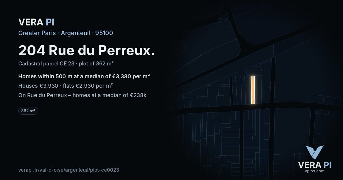 204 Rue du Perreux, Argenteuil at night – the plot lit, the parcels around coloured by the prices near them